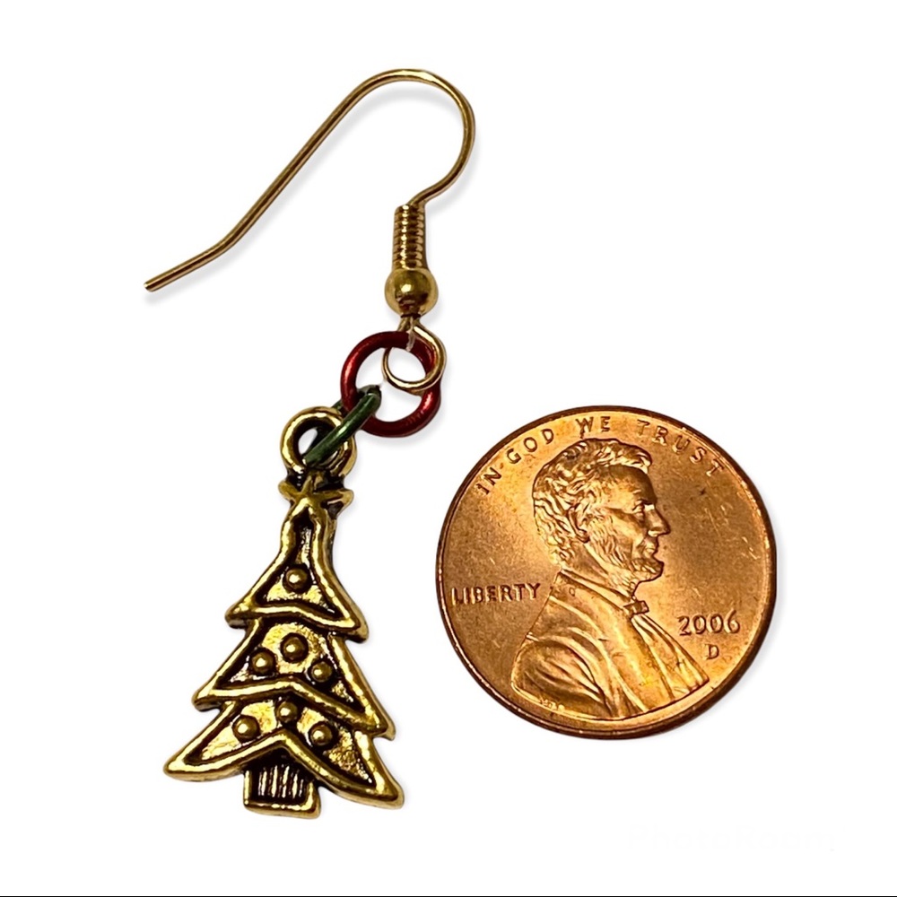 Hand Crafted Earrings Tree Gold Dangle Red Green Jewelry Christmas Xmas Pierced - Picture 4 of 5